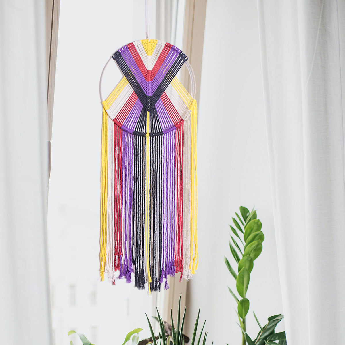 Handwoven Rainbow Wall Hanging – Boho Tapestry with 30cm Ring, 50cm Fringe