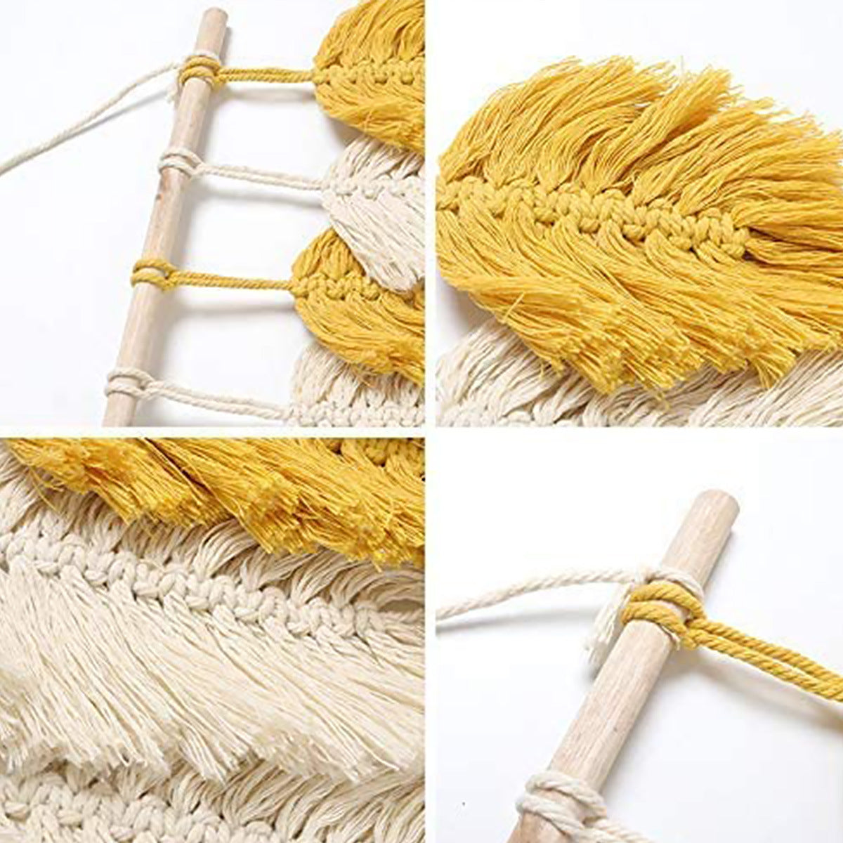 Handmade Boho Macramé Leaf Wall Hanging – Yellow & White Feathers 45x42cm