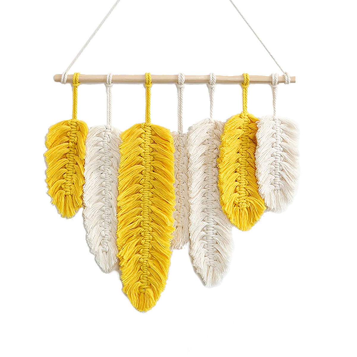 Handmade Boho Macramé Leaf Wall Hanging – Yellow & White Feathers 45x42cm