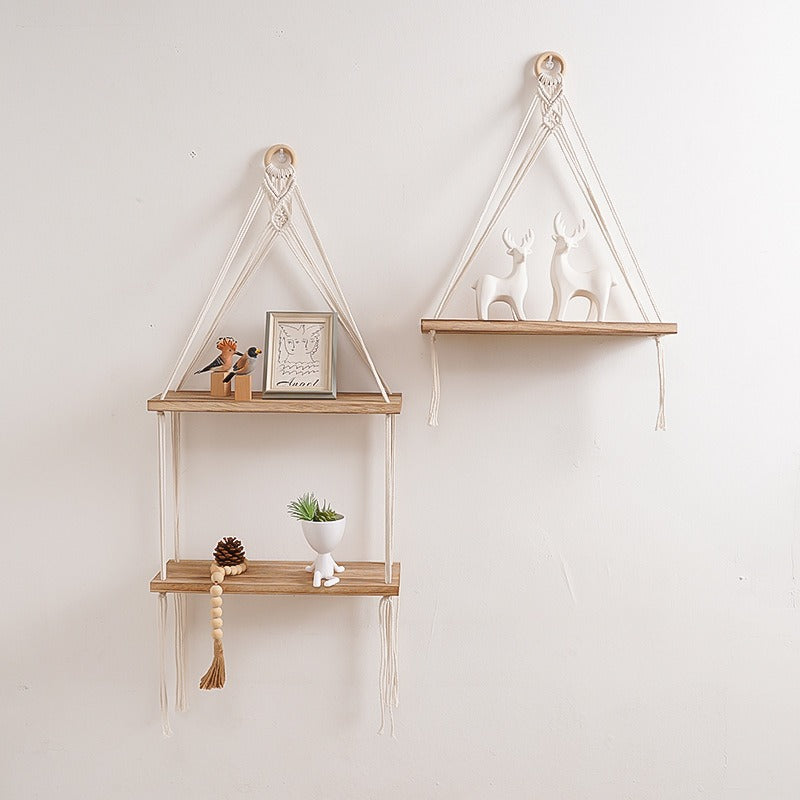 Macramé Wall Shelf – Handmade Boho Hanging Shelf with Wooden Board (3 Sizes
