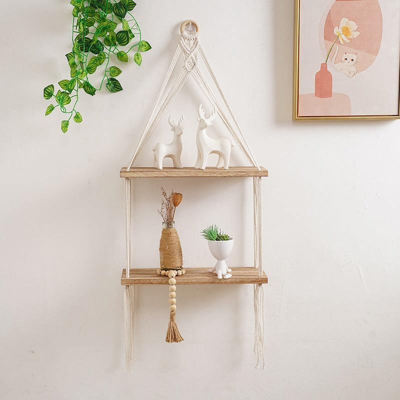 Macramé Wall Shelf – Handmade Boho Hanging Shelf with Wooden Board (3 Sizes