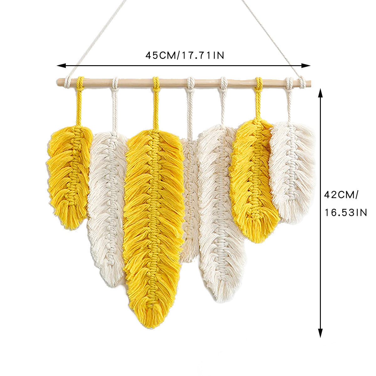 Handmade Boho Macramé Leaf Wall Hanging – Yellow & White Feathers 45x42cm
