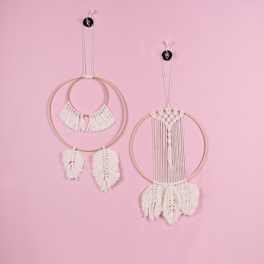 Handmade macramé wall hanging detail bamboo ring leaf design