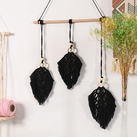 Handmade macramé leaf wall hanging detail cotton tassel boho