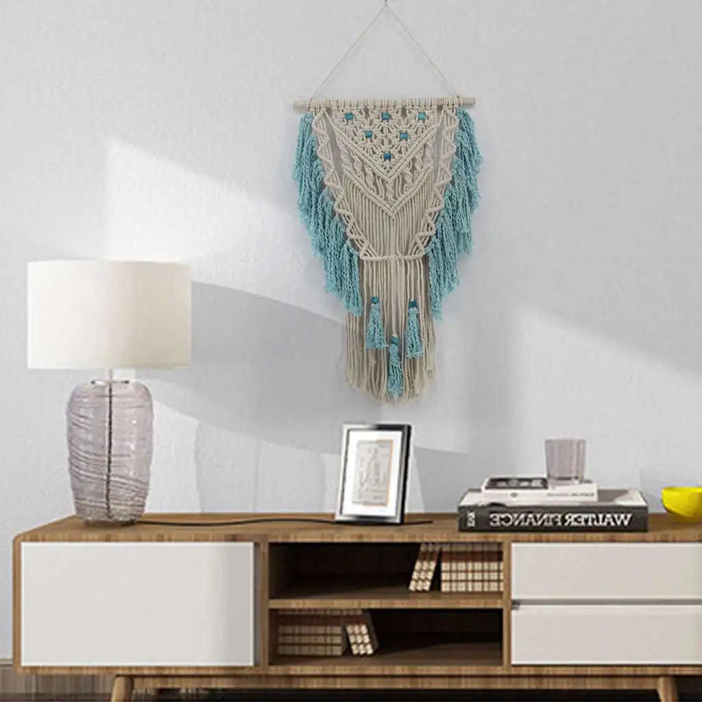 Blue Bohemian Macramé Wall Hanging – Handmade Cotton Tapestry with Tassels | Boho Home & Wedding Decoration (45x75 cm)