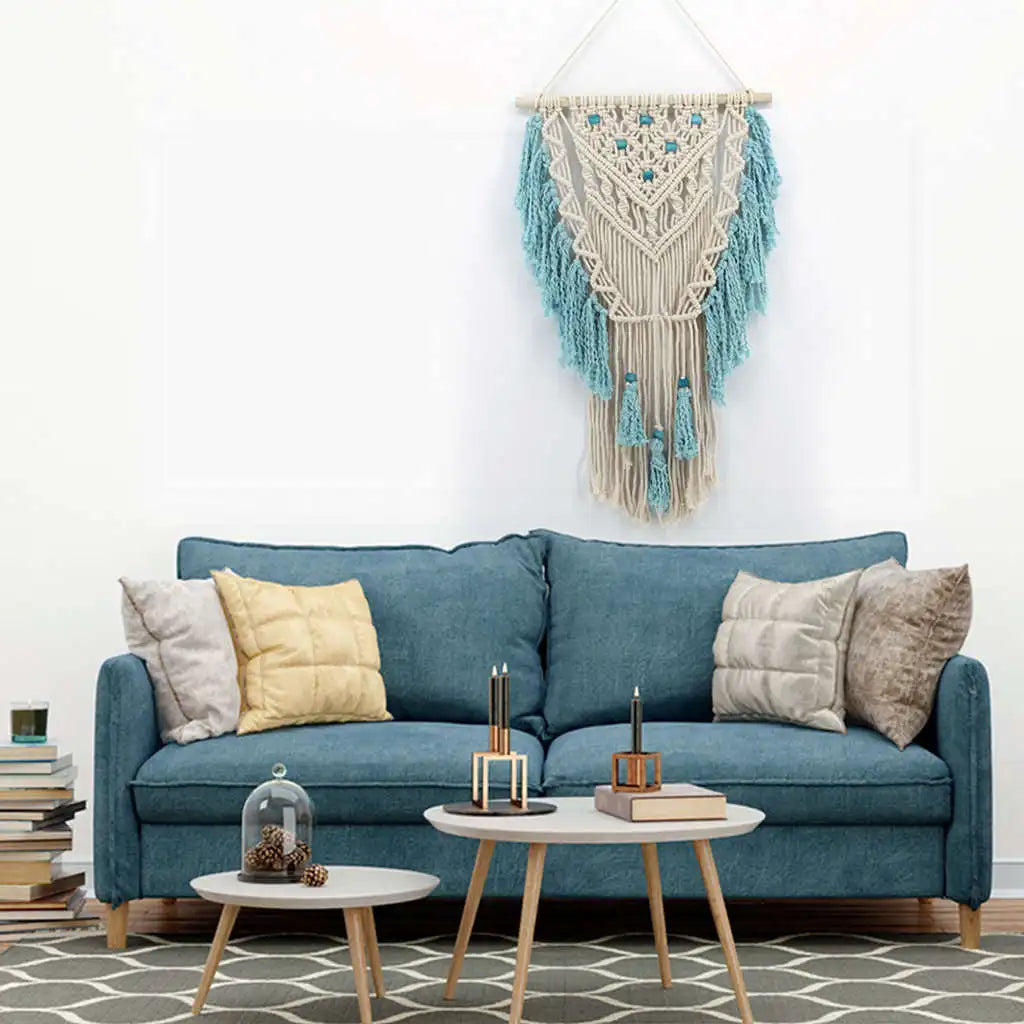 Blue Bohemian Macramé Wall Hanging – Handmade Cotton Tapestry with Tassels | Boho Home & Wedding Decoration (45x75 cm)
