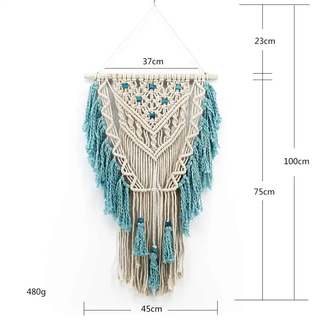 Blue Bohemian Macramé Wall Hanging – Handmade Cotton Tapestry with Tassels | Boho Home & Wedding Decoration (45x75 cm)