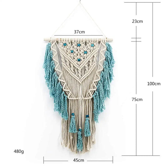 Handmade blue macramé wall hanging detail cotton tassels boho