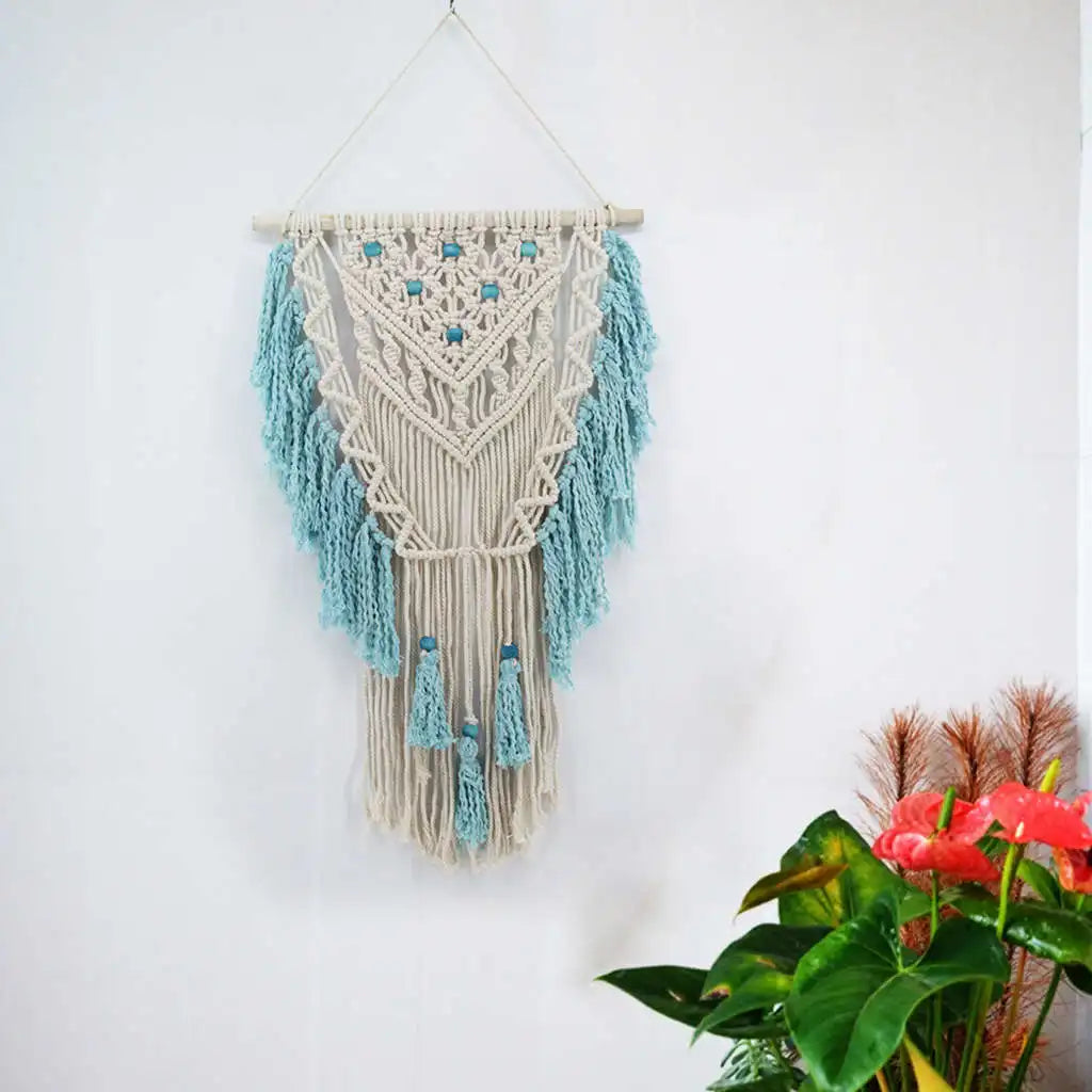 Blue Bohemian Macramé Wall Hanging – Handmade Cotton Tapestry with Tassels | Boho Home & Wedding Decoration (45x75 cm)