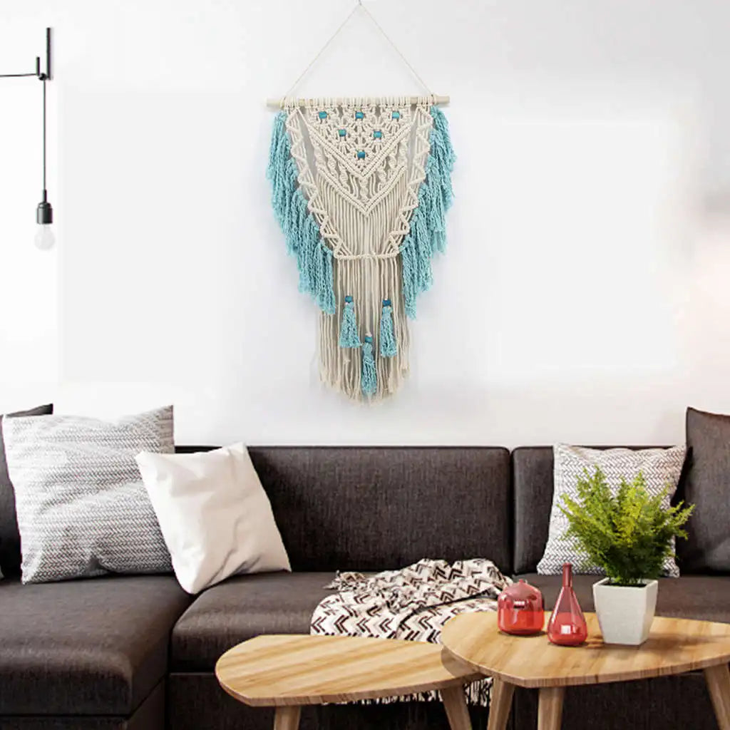 Blue Bohemian Macramé Wall Hanging – Handmade Cotton Tapestry with Tassels | Boho Home & Wedding Decoration (45x75 cm)