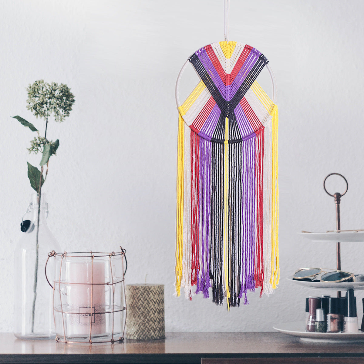 Handwoven Rainbow Wall Hanging – Boho Tapestry with 30cm Ring, 50cm Fringe