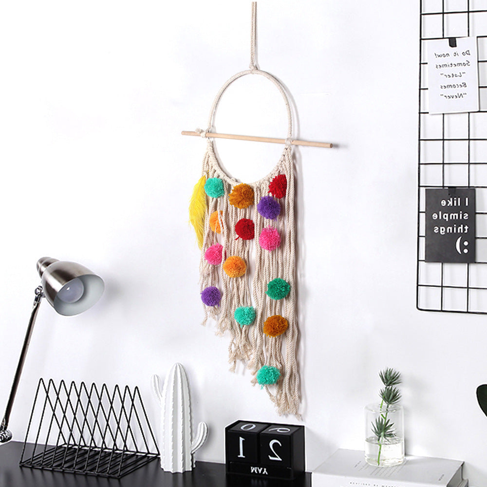 Colorful Boho Tassel Wall Hanging – Handmade Plush Ball Macramé Tapestry (Ring Ø30cm, Length 70cm)