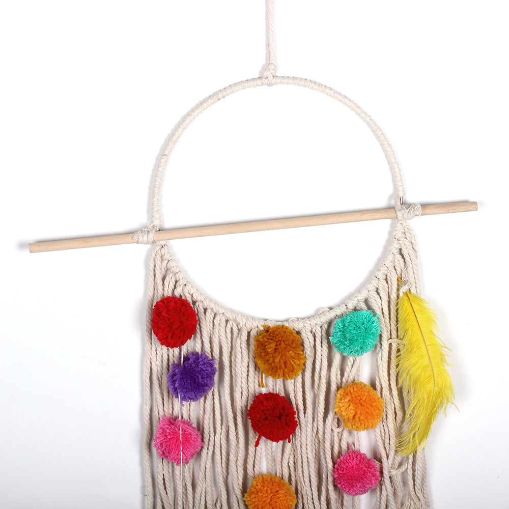 Colorful Boho Tassel Wall Hanging – Handmade Plush Ball Macramé Tapestry (Ring Ø30cm, Length 70cm)