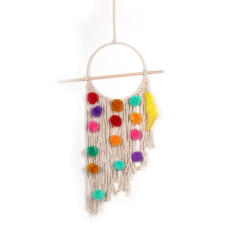 Colorful Boho Tassel Wall Hanging – Handmade Plush Ball Macramé Tapestry (Ring Ø30cm, Length 70cm)