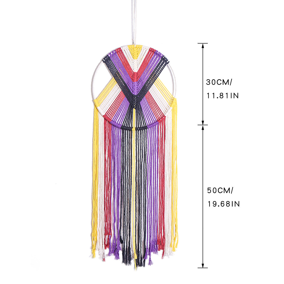 Handwoven Rainbow Wall Hanging – Boho Tapestry with 30cm Ring, 50cm Fringe