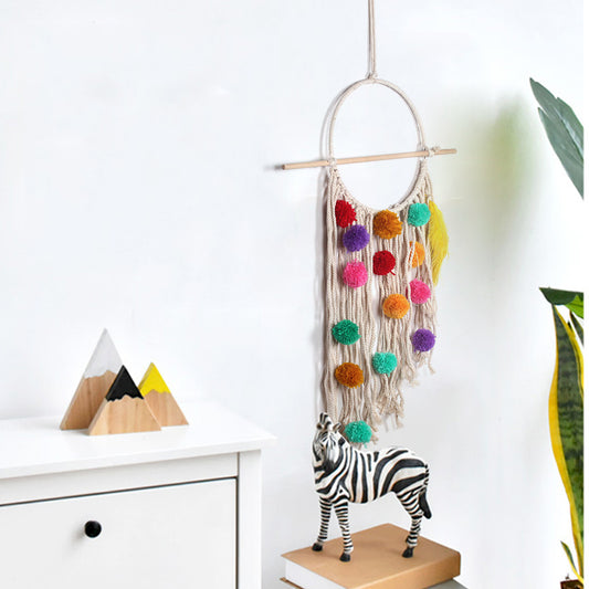 Colorful Boho Tassel Wall Hanging – Handmade Plush Ball Macramé Tapestry (Ring Ø30cm, Length 70cm)