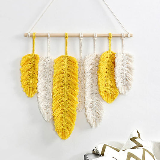Handmade Boho Macramé Leaf Wall Hanging – Yellow & White Feathers 45x42cm