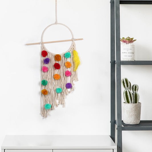 Colorful Boho Tassel Wall Hanging – Handmade Plush Ball Macramé Tapestry (Ring Ø30cm, Length 70cm)