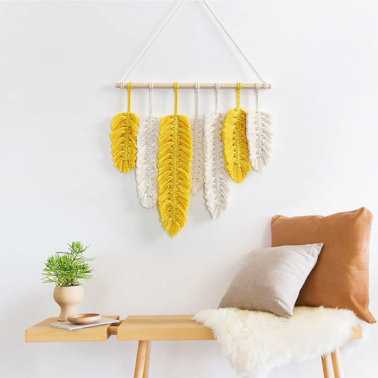 Handmade Boho Macramé Leaf Wall Hanging – Yellow & White Feathers 45x42cm