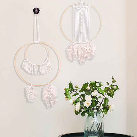 Boho Macrame Wall Hanging with 30cm Bamboo Ring – Handmade Leaf Tapestry for Living Room & Bedroom