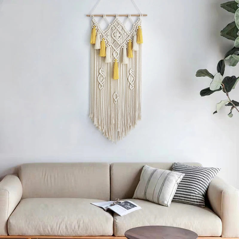 Macramé Wall Hanging – Bohemian Geometric Tapestry, Beige & Yellow (45x90cm)