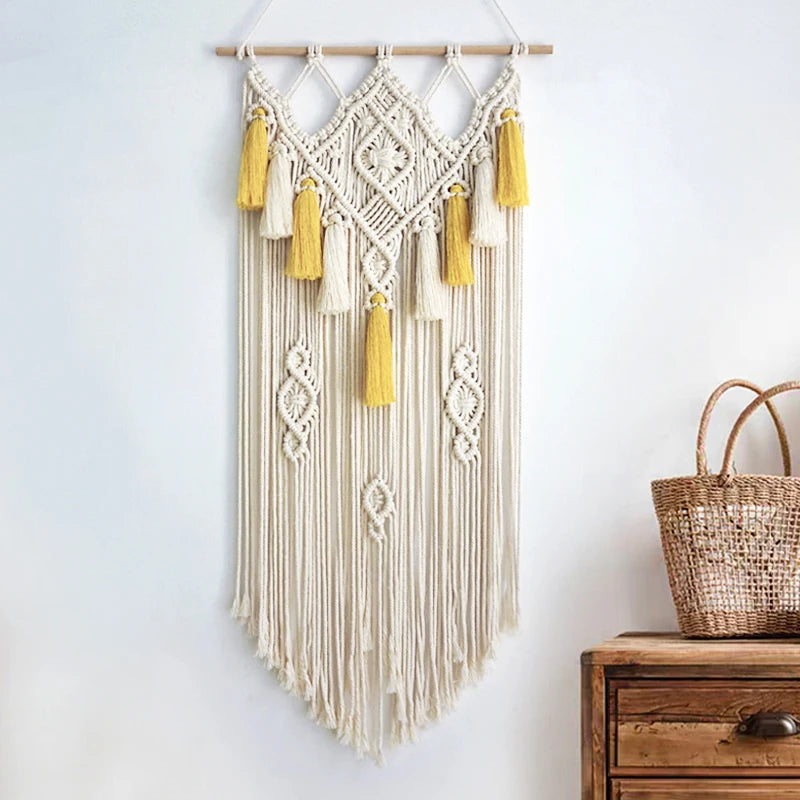 Macramé Wall Hanging – Bohemian Geometric Tapestry, Beige & Yellow (45x90cm)
