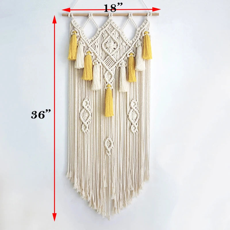Macramé Wall Hanging – Bohemian Geometric Tapestry, Beige & Yellow (45x90cm)