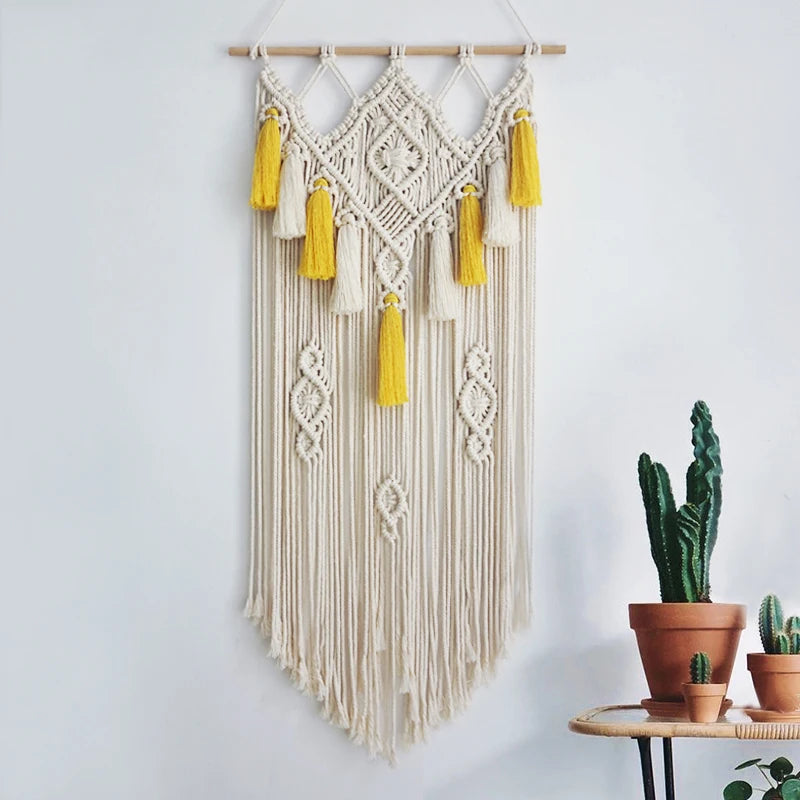 Macramé Wall Hanging – Bohemian Geometric Tapestry, Beige & Yellow (45x90cm)