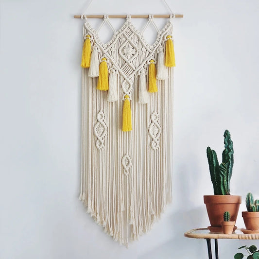 Macramé Wall Hanging – Bohemian Geometric Tapestry, Beige & Yellow (45x90cm)