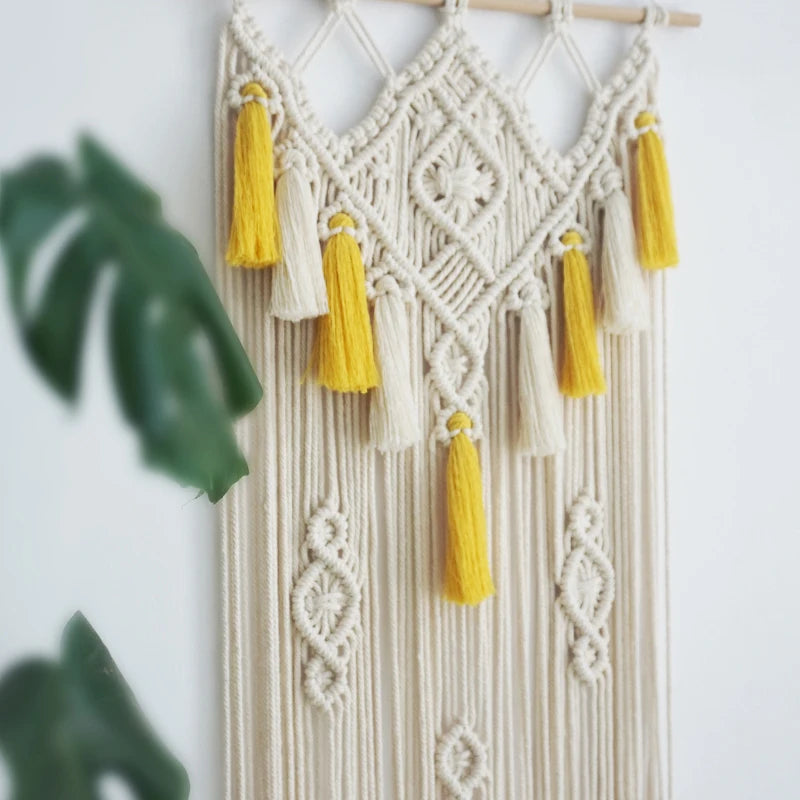 Macramé Wall Hanging – Bohemian Geometric Tapestry, Beige & Yellow (45x90cm)